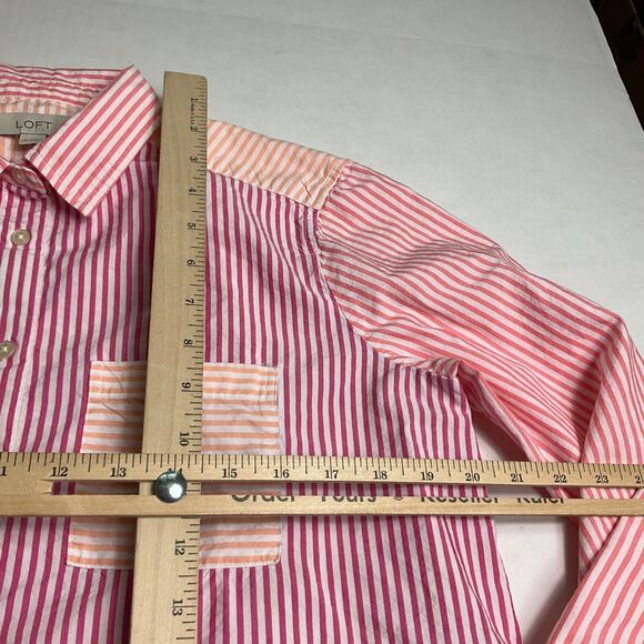 LOFT Colorblock Stripe Button Shirt Peach Long Sleeve Preppy Relaxed Fit Top S - Picture 8 of 11